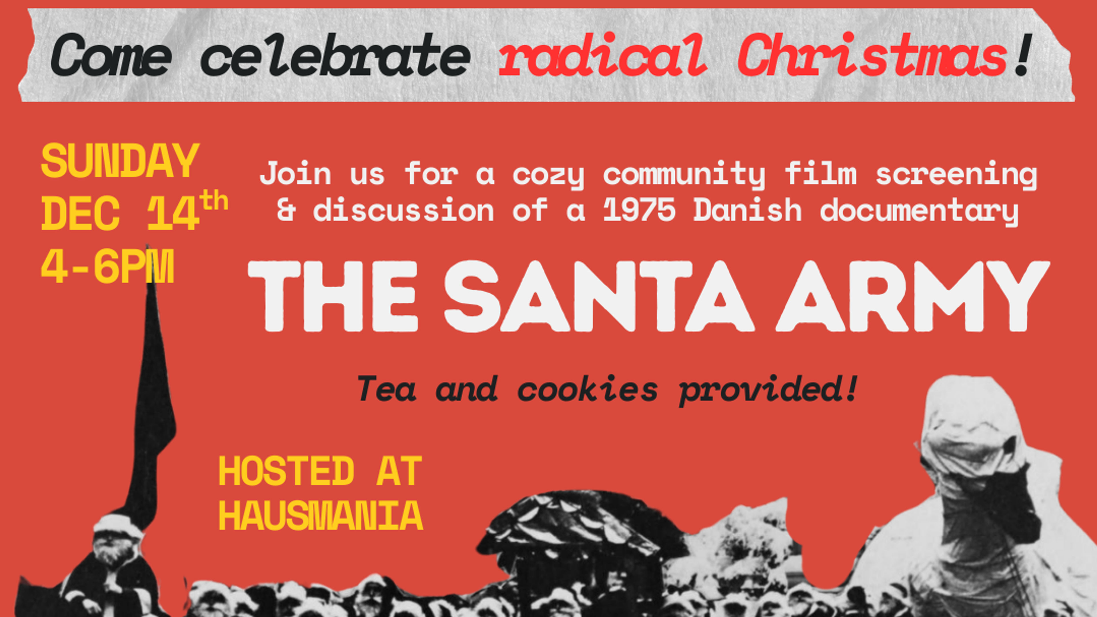 Promotional graphic for ACTIVIST HISTORY FILM NIGHT + SOCIAL: THE SANTA ARMY