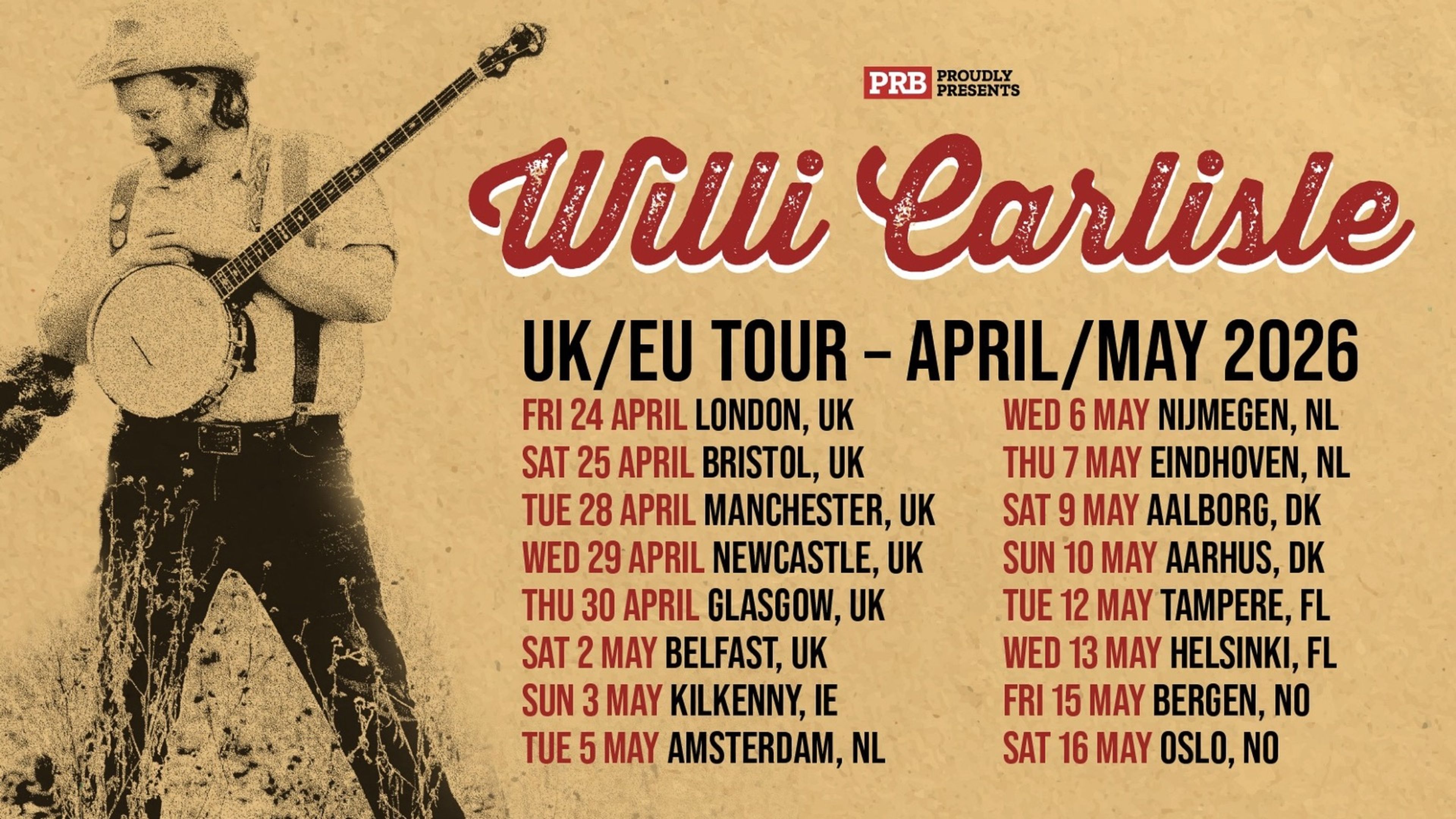 Promotional graphic for Bergen Live pres.: Willi Carlisle (US) // Statsraaden
