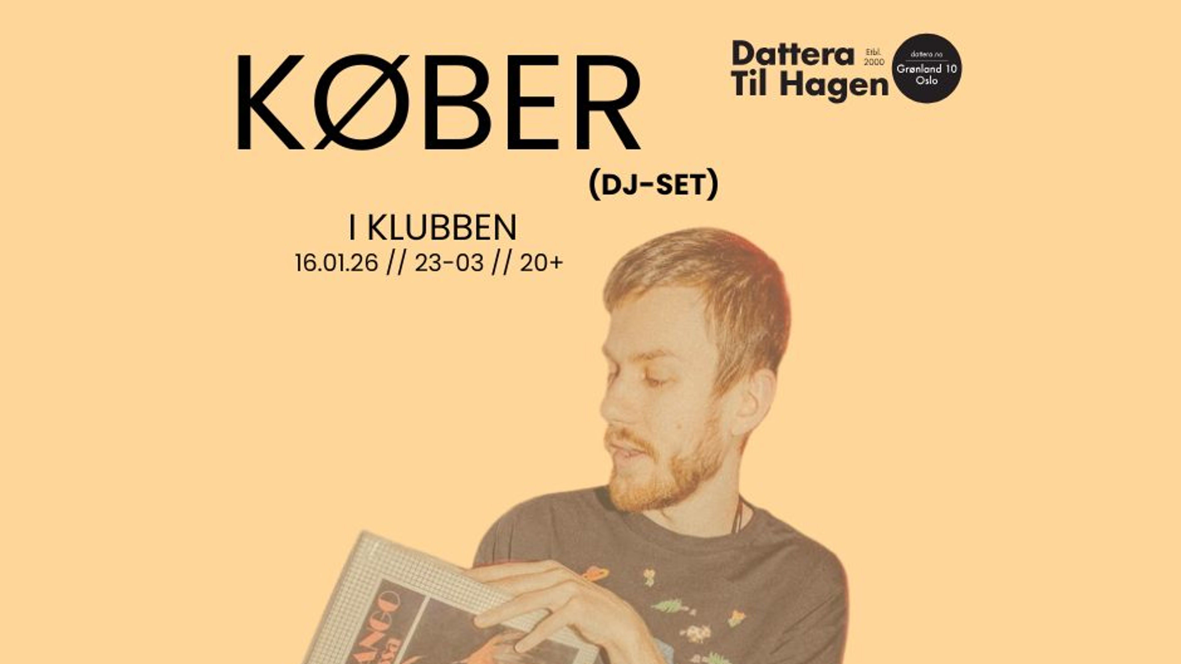 Promotional graphic for KØBER (DJ-set) i klubben // 16.01.26 